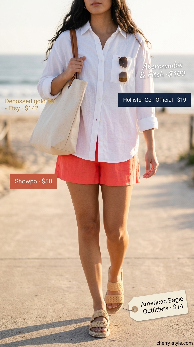 Coral linen shorts outfit for bold summer fashion for women 2026. Oversized white linen shirt, tan espadrilles, aviators, canvas tote.