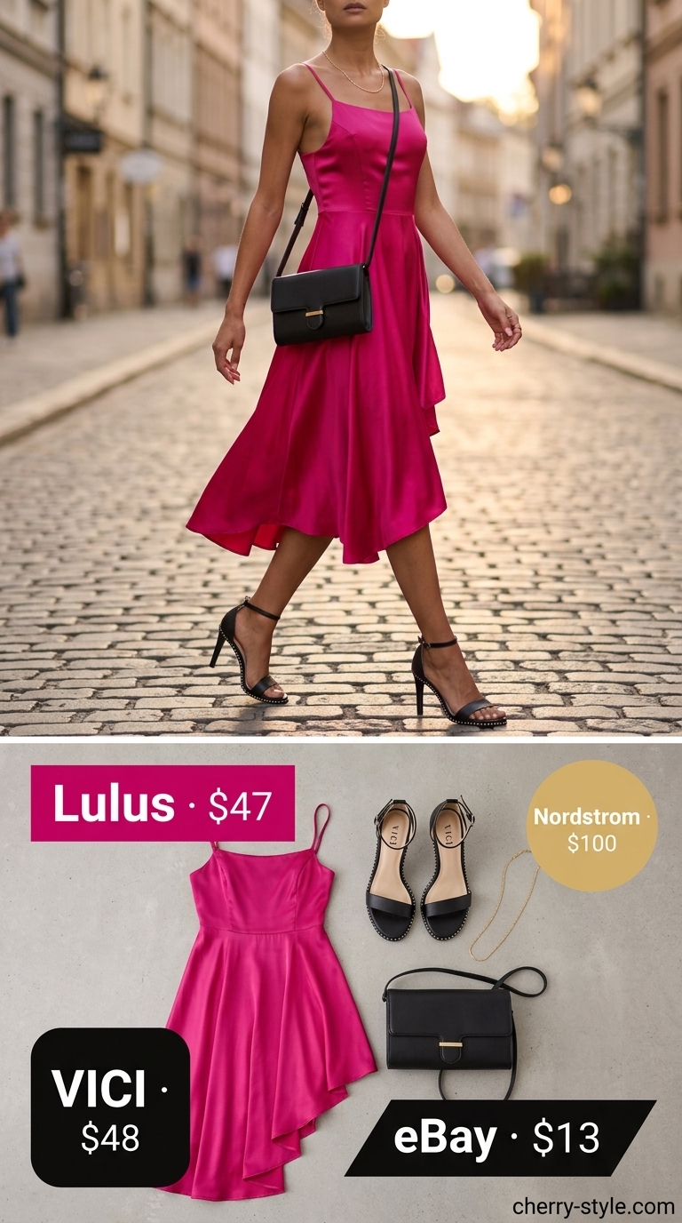 Magenta slip dress outfit for bold summer fashion for women 2026. Black heels, gold necklace, black clutch.