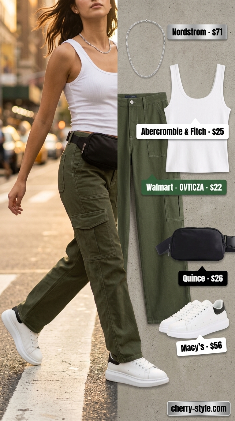 Bold summer fashion outfits for women 2026: Olive green cargo pants with platform sneakers for edgy streetwear.