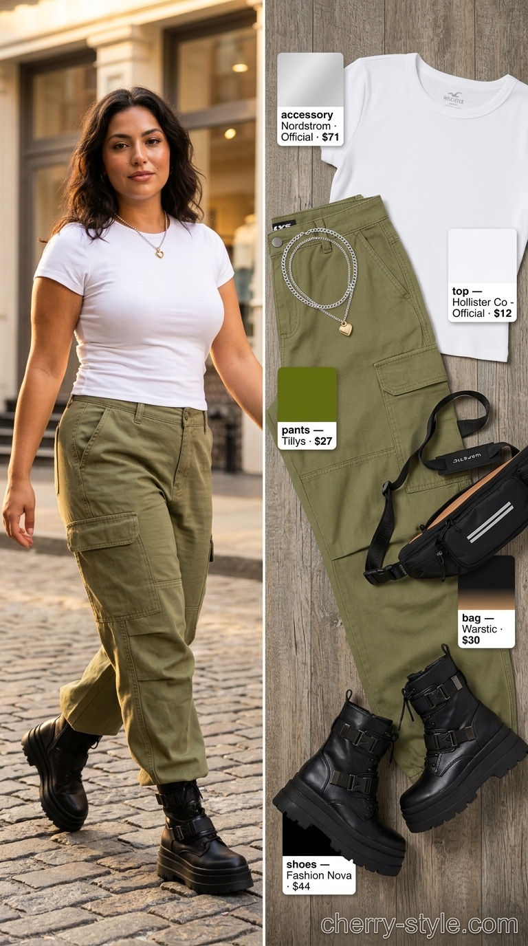 Bold summer fashion outfits for women 2026: Olive green cargo pants with combat boots for edgy streetwear style.