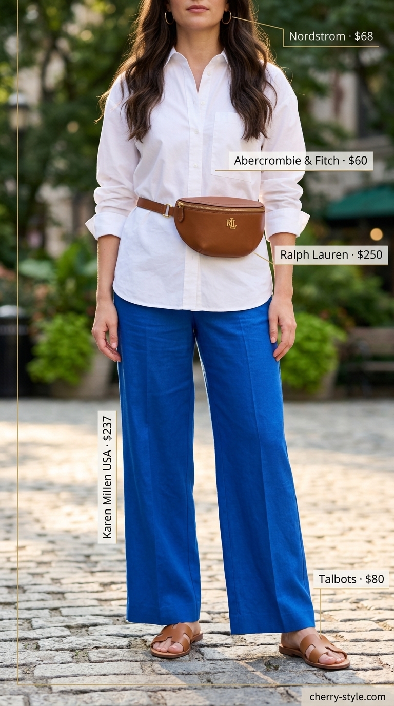 Cobalt blue wide-leg trousers outfit for bold summer fashion for women 2026. White oversized shirt, tan slides, belt bag, gold hoops.
