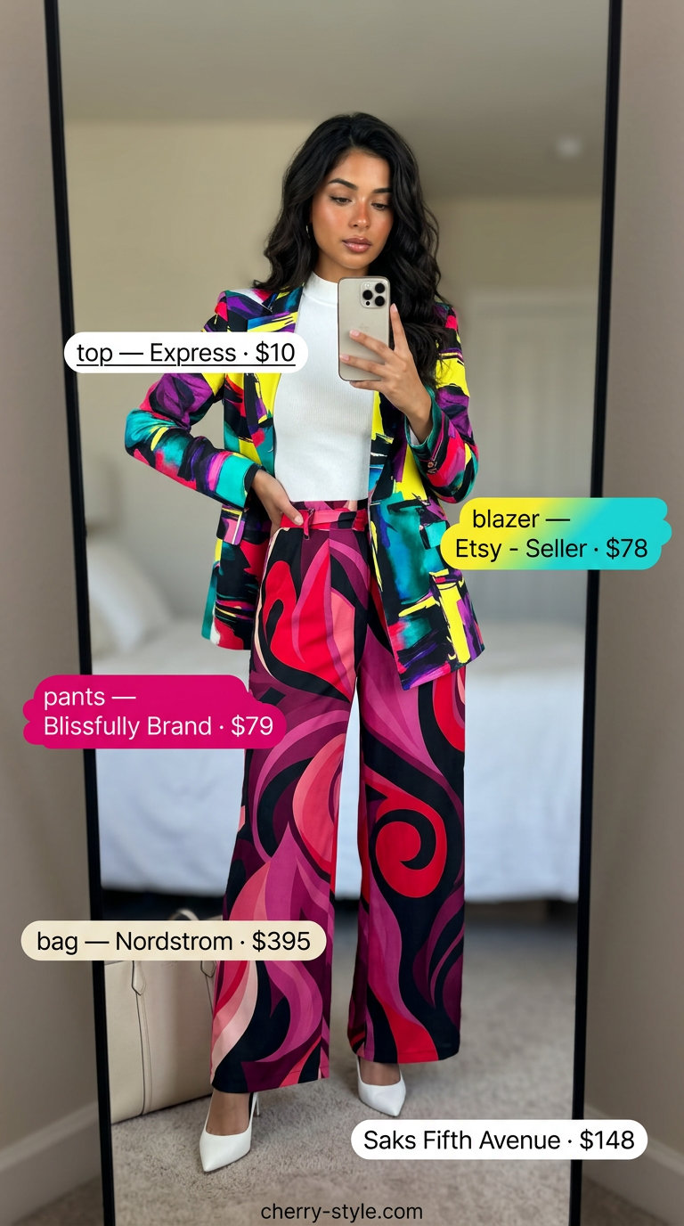 Bold summer fashion outfits for women 2026: Vibrant abstract print power suit for a fashion-forward occasion.