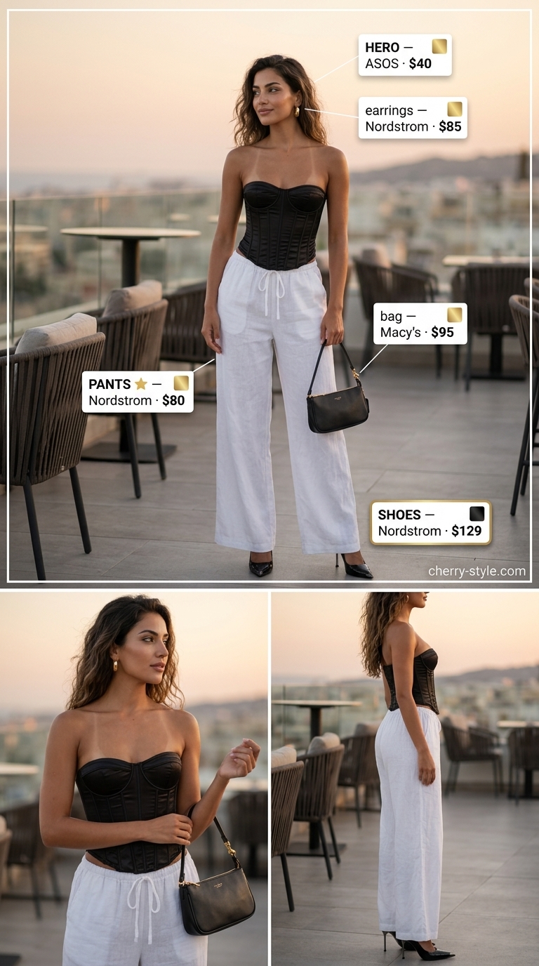 Bold summer fashion outfits for women 2026: White wide-leg pants with black corset top and gold hoop earrings.