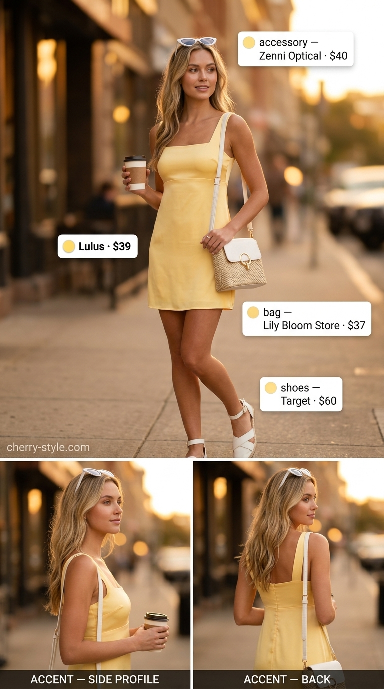 Bold summer fashion outfits for women 2026: Sunny yellow mini dress with espadrille sandals and cat-eye sunglasses.