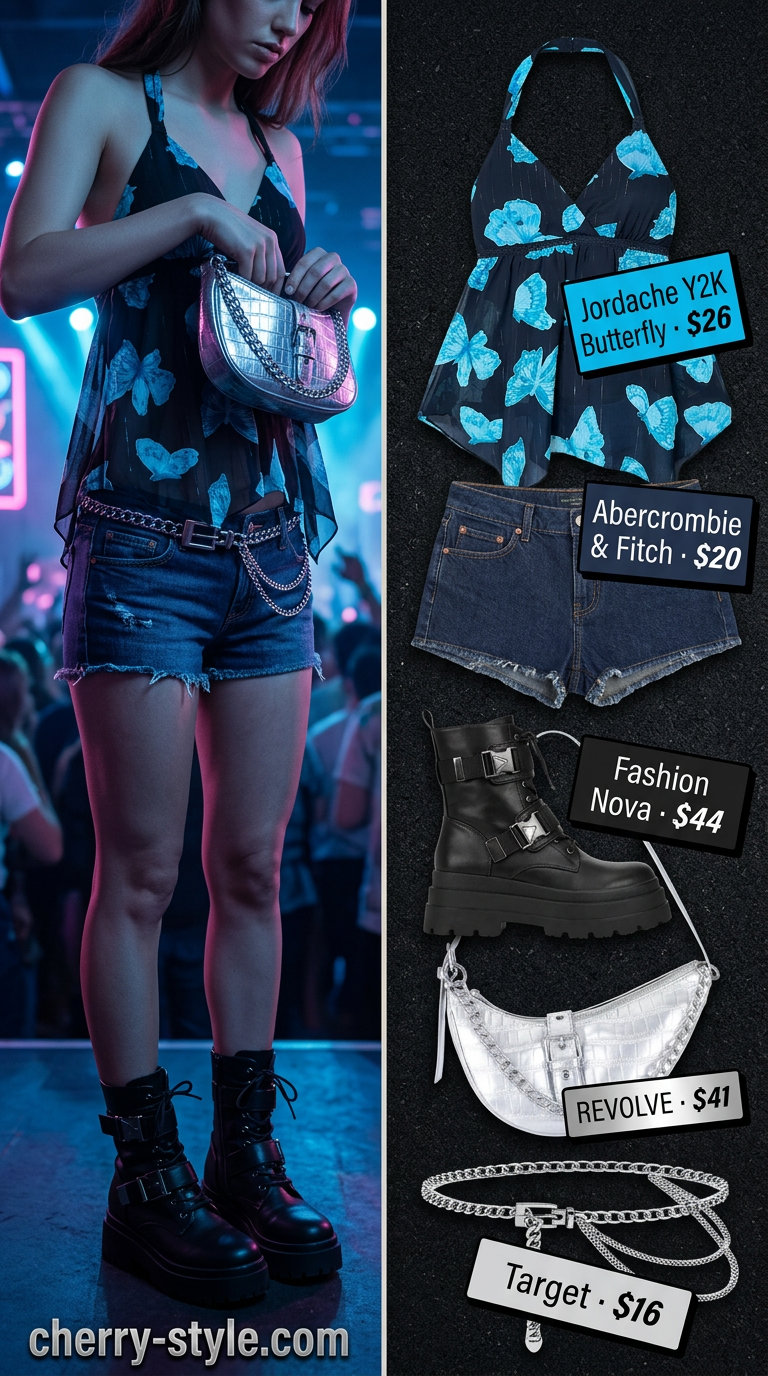 Butterfly Y2K summer outfits for women 2026: Cyber halter top, denim shorts, chain belt, and platform boots.