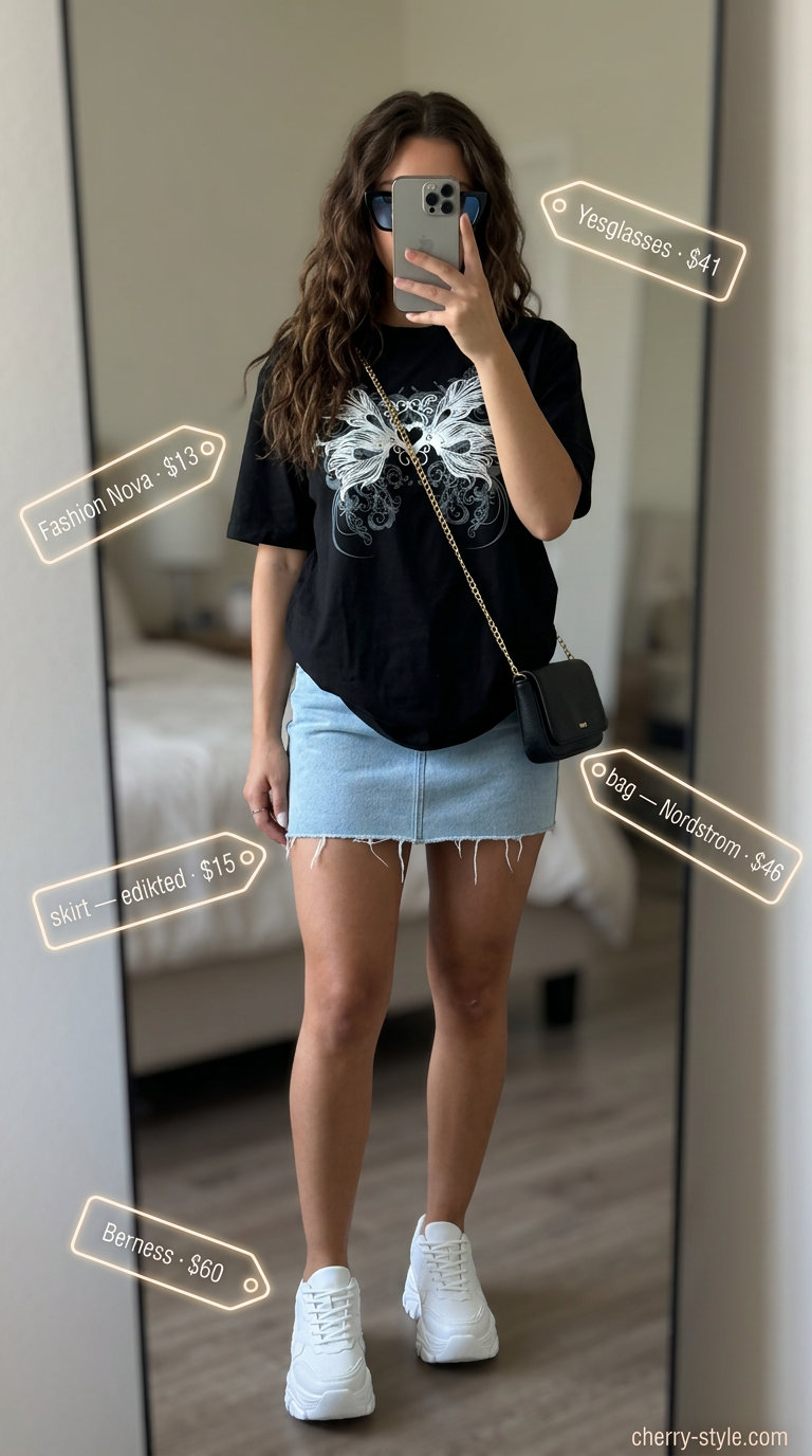 Butterfly Y2K summer outfit for women 2026: Denim mini skirt, graphic tee, platform sneakers, and butterfly sunglasses.