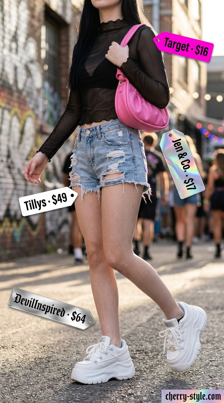 Butterfly Y2K summer outfits for women 2026: Layered sheer top, denim shorts, platform sneakers, and pink baguette bag.