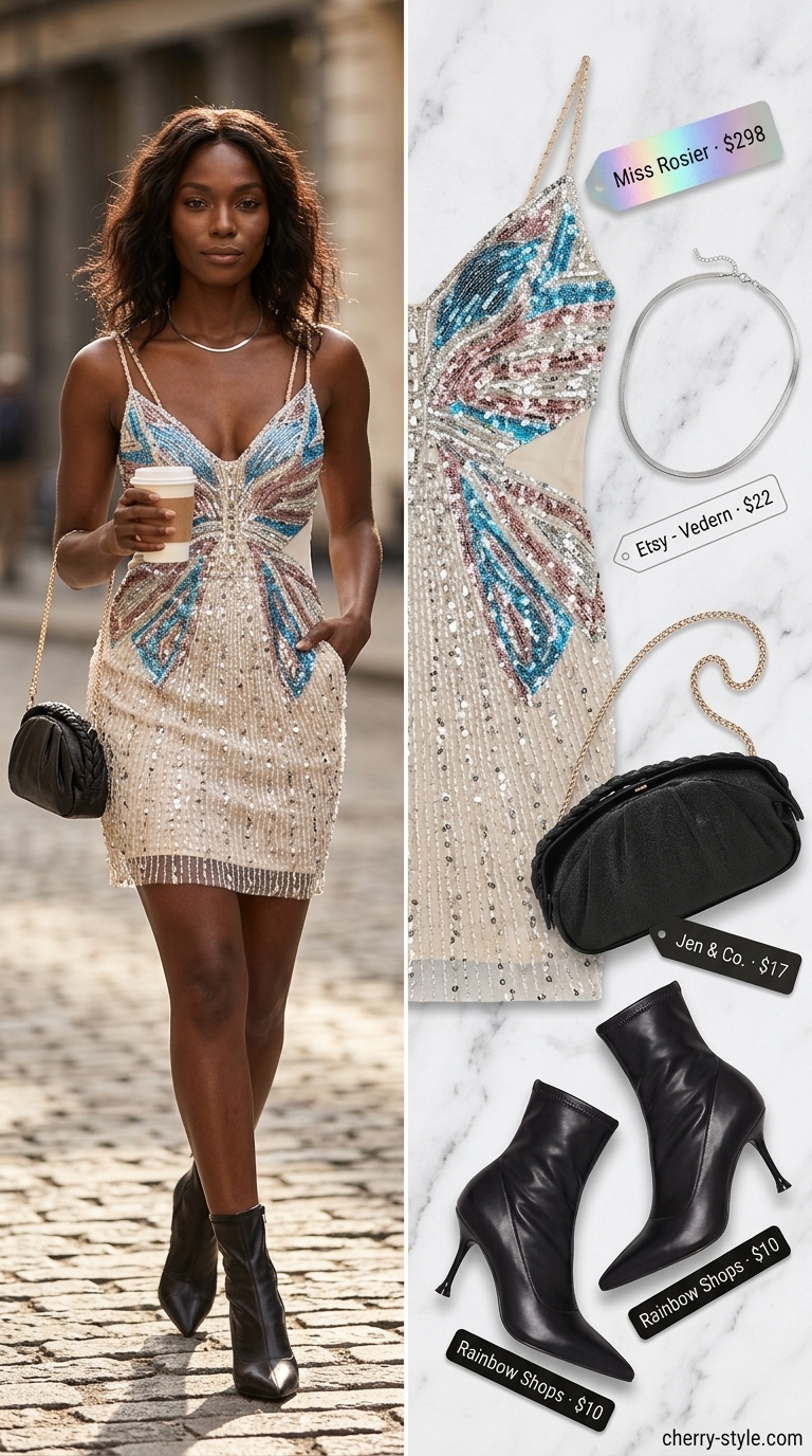 Butterfly Y2K summer outfits for women 2026: Sequined butterfly dress, stiletto boots, metallic clutch, and choker.