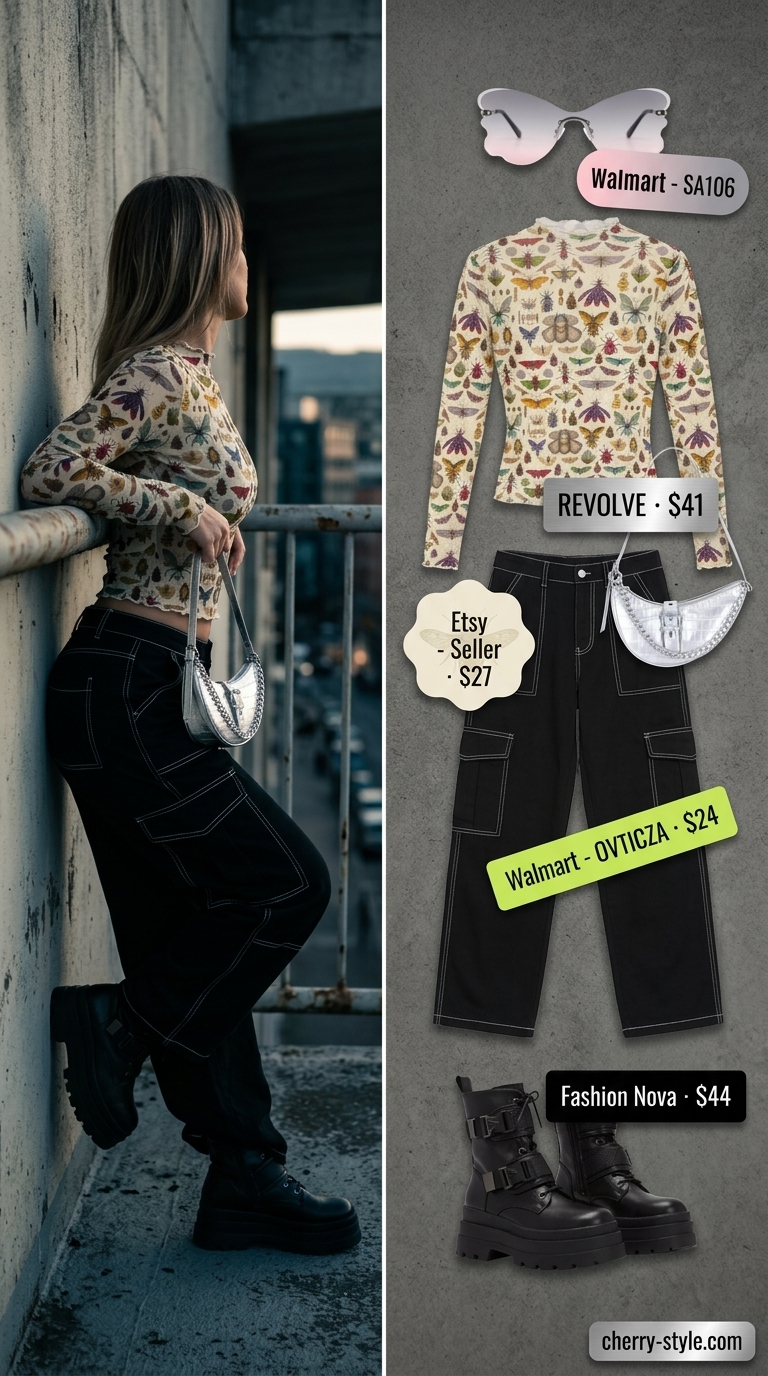 Butterfly Y2K summer outfits for women 2026: Sheer butterfly top, baggy cargo pants, combat boots, and colorful sunglasses.