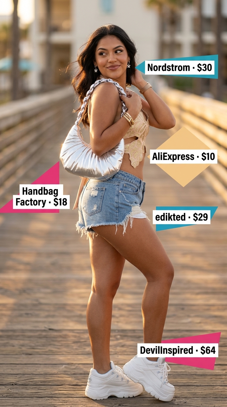 Butterfly Y2K summer outfits for women 2026: Blue halter crop top, distressed denim shorts, and chunky sneakers for a fun day out.