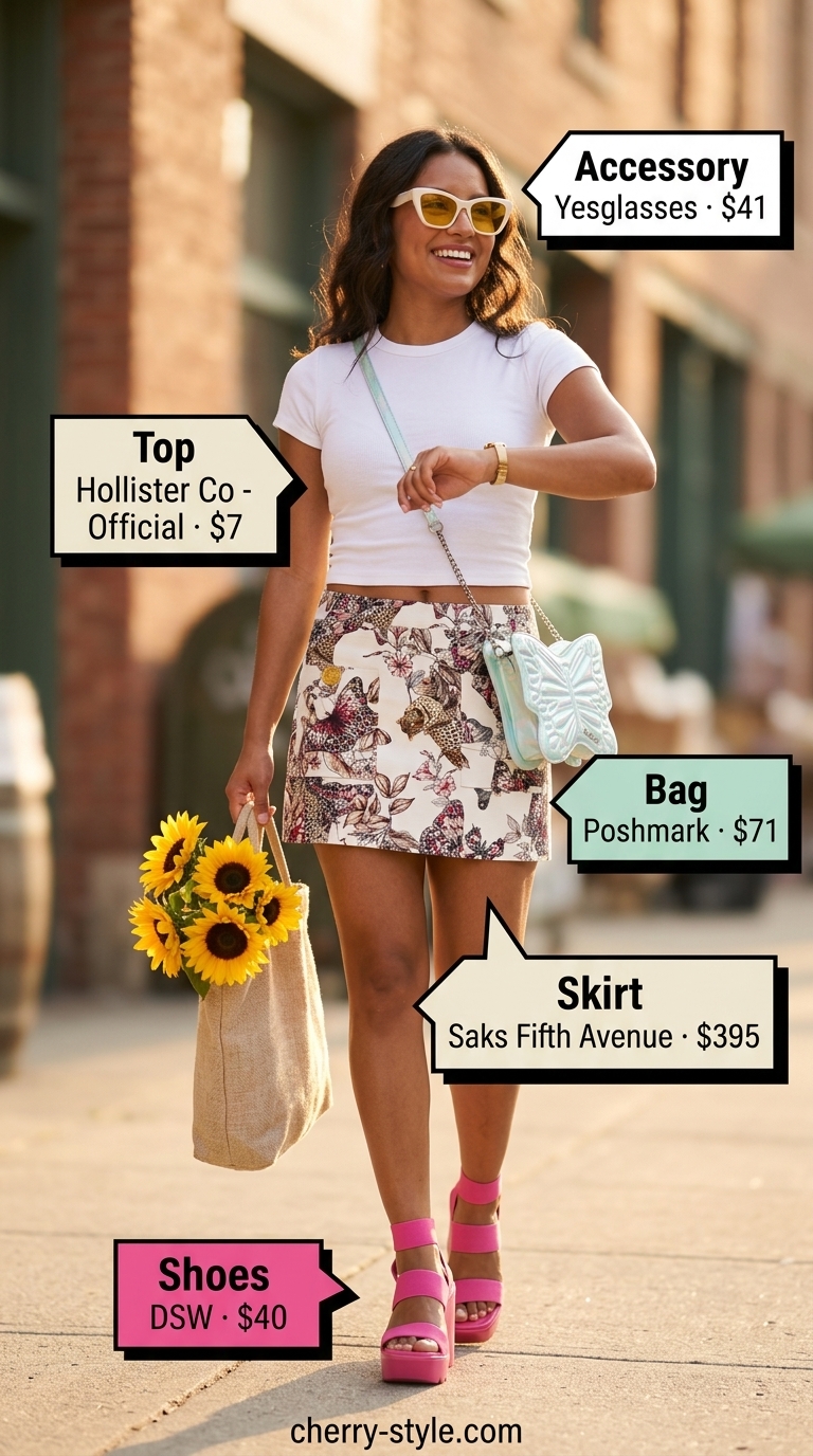 Butterfly Y2K summer outfits for women 2026: White butterfly print mini skirt, baby tee, and hot pink sandals for a playful look.