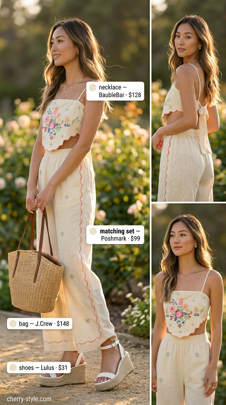 Butterfly Y2K summer outfits for women 2026: Cream linen wide-leg pants and halter top with butterfly embroidery for a chic brunch.