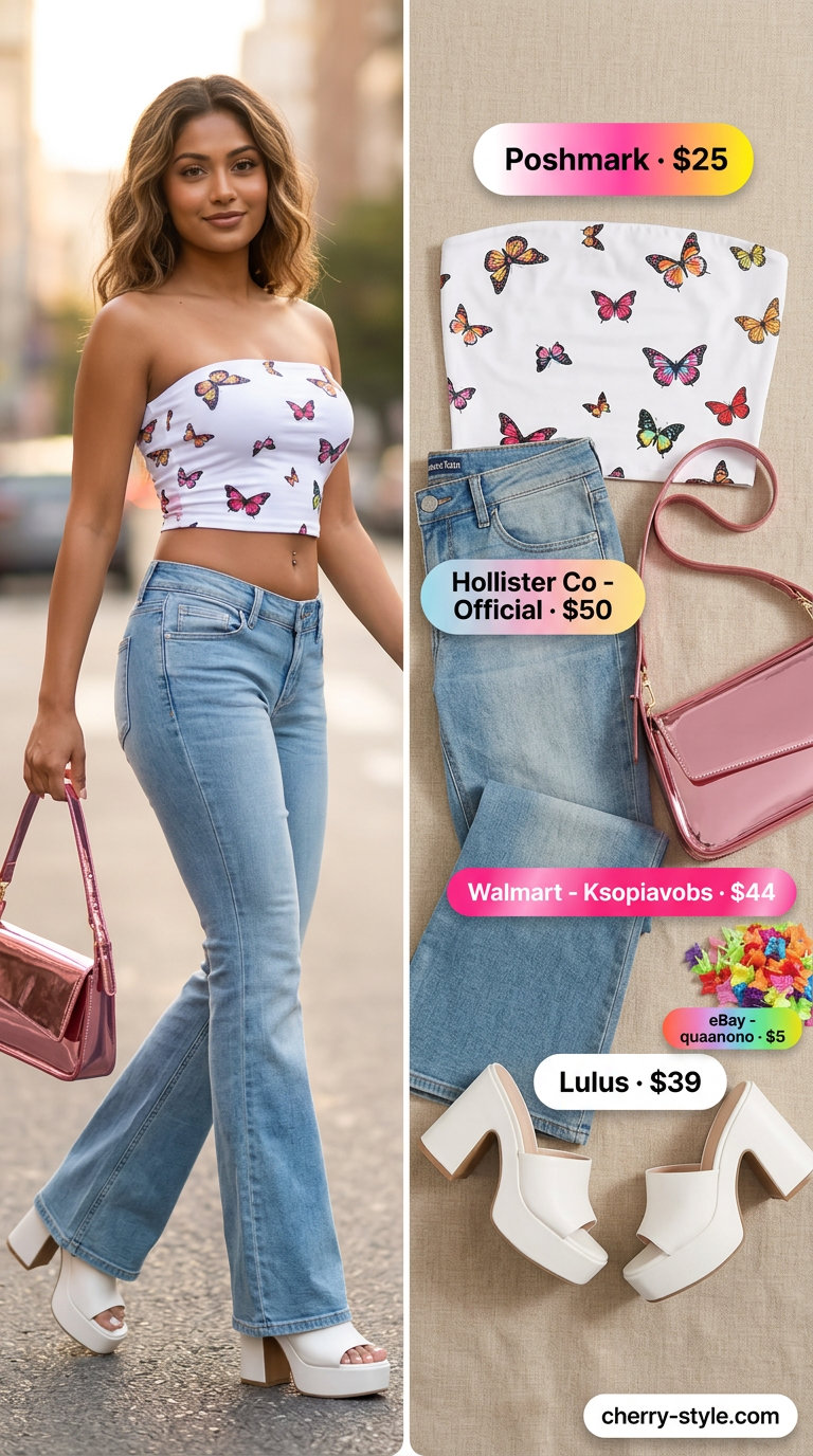 Butterfly Y2K summer outfits for women 2026: Tiny tube top with butterfly print and low-rise flare jeans for a nostalgic party look.