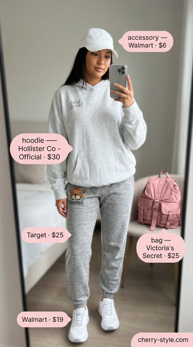 Butterfly Y2K summer outfits for women 2026: Grey hoodie and joggers set with butterfly graphics for comfortable athleisure.