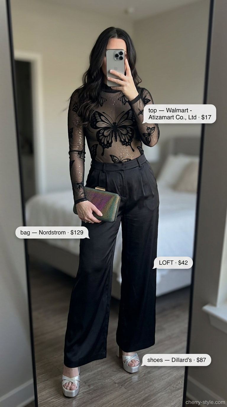 Butterfly Y2K summer outfits for women 2026: Sheer black butterfly top with wide-leg pants for an edgy evening look.