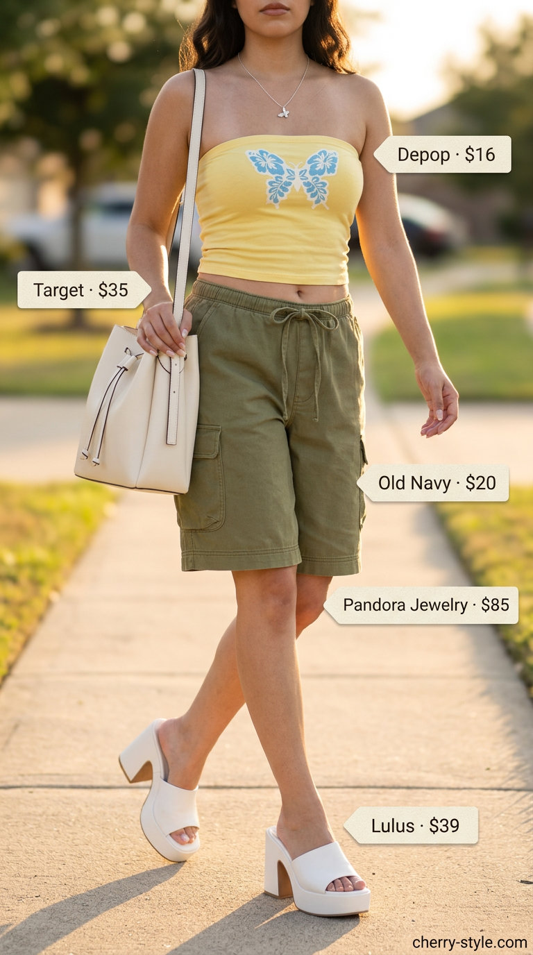 Butterfly Y2K summer outfits for women 2026: Yellow butterfly tube top with khaki cargo shorts for a fun, casual look.