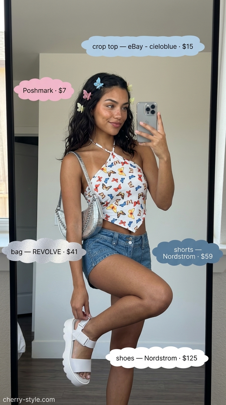 Butterfly Y2K summer outfits for women 2026: Blue butterfly bandana top, ultra low-rise denim shorts, and platform sandals.