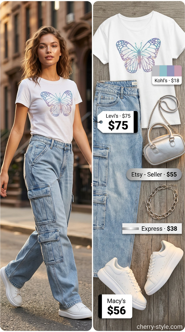 Butterfly Y2K summer outfits for women 2026: Baggy cargo pants, butterfly graphic tee, and platform sneakers.