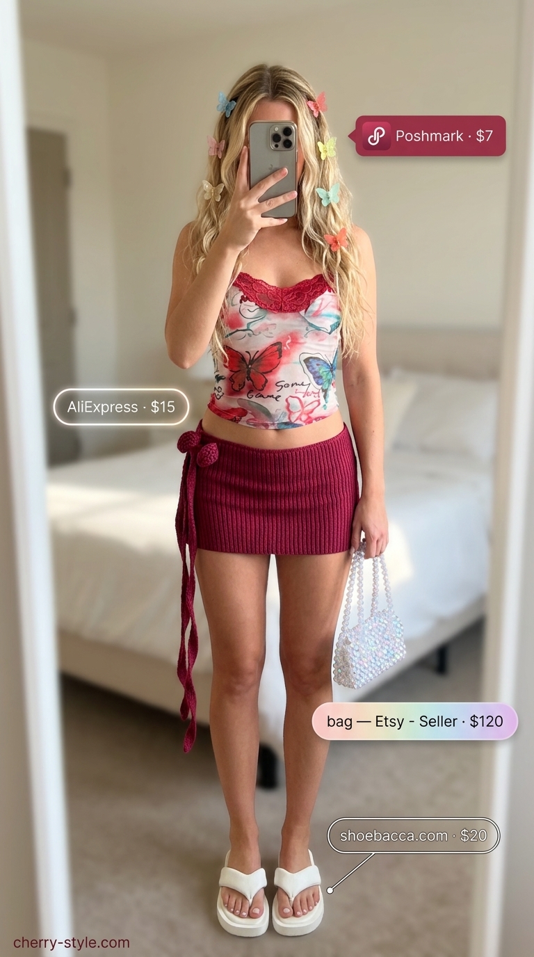 Butterfly Y2K summer outfits for women 2026: Pastel butterfly print tube top and mini skirt set, platform flip-flops.