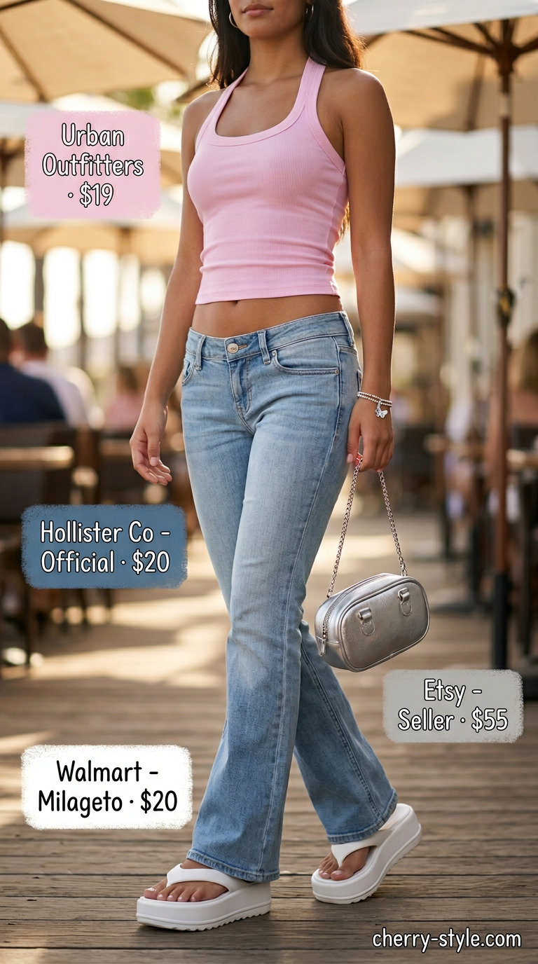 Butterfly Y2K summer outfits for women 2026: Low-rise flare jeans, baby pink halter top, and platform flip-flops.