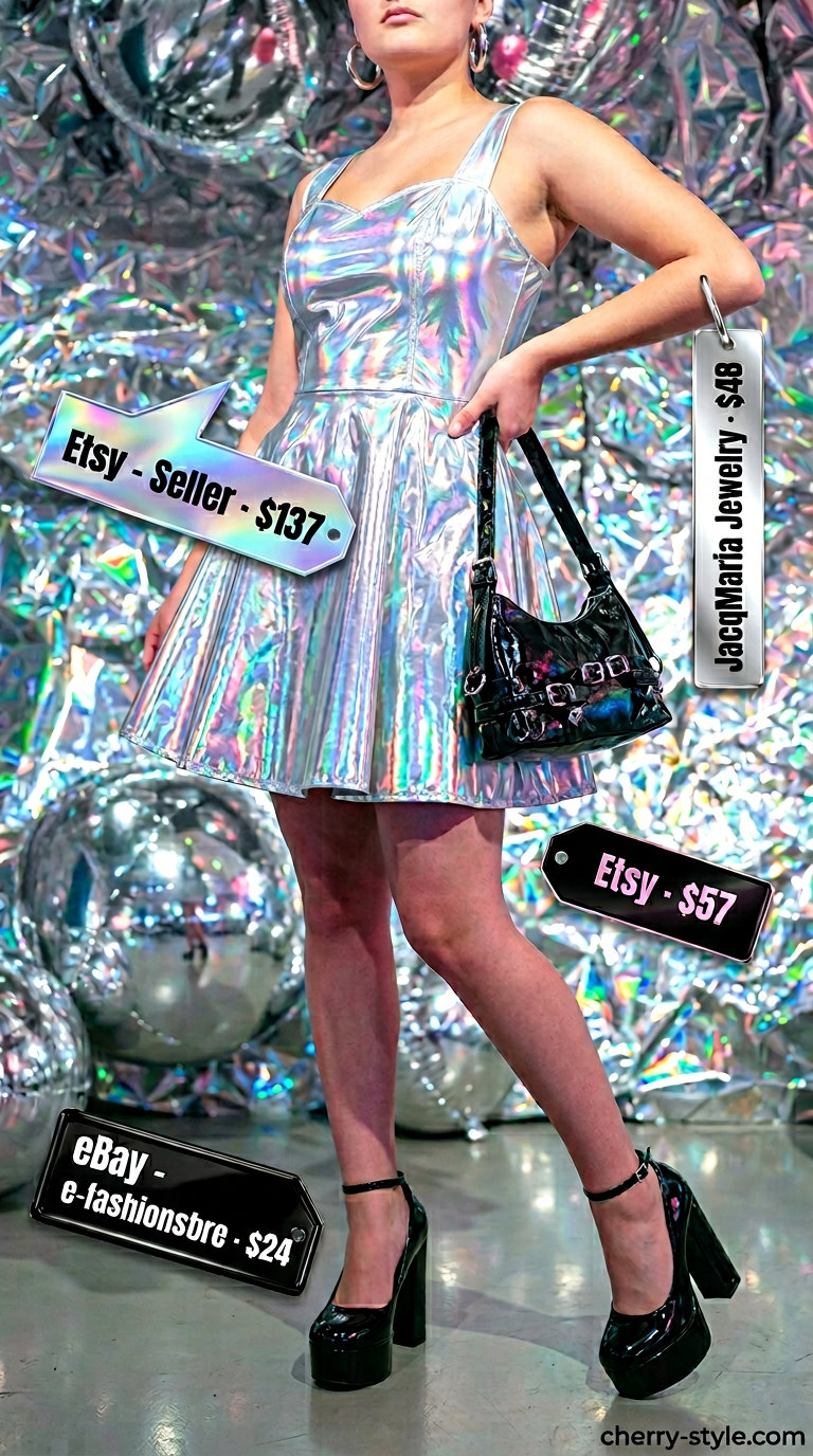 Butterfly Y2K summer outfits for women 2026: Iridescent butterfly print slip midi dress, platform heels, and mini bag.