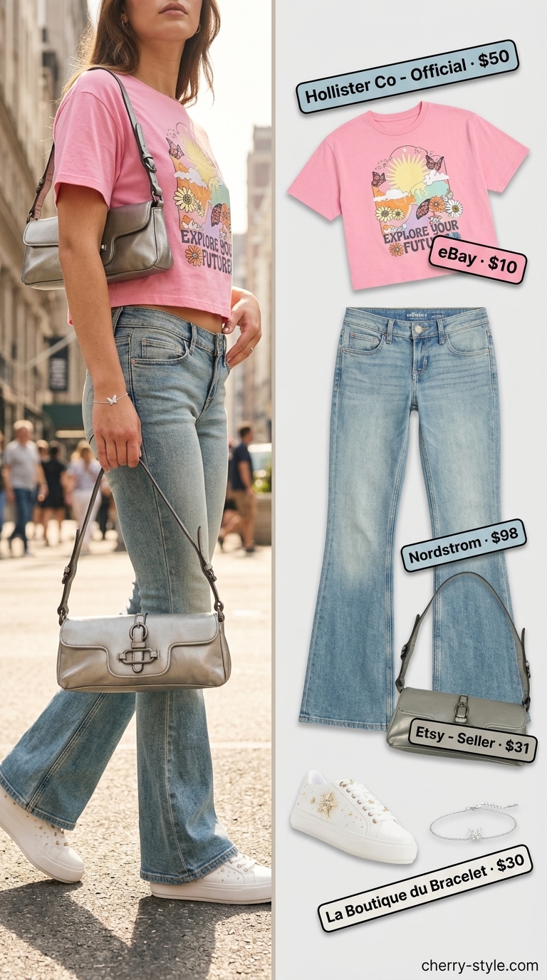Butterfly Y2K summer outfits for women 2026: Hot pink graphic tee, low-rise flare jeans, and chunky sneakers.