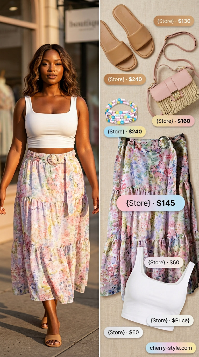 Butterfly Y2K summer outfits for women 2026: Tiered butterfly print maxi skirt, white tank top, and straw crossbody bag.