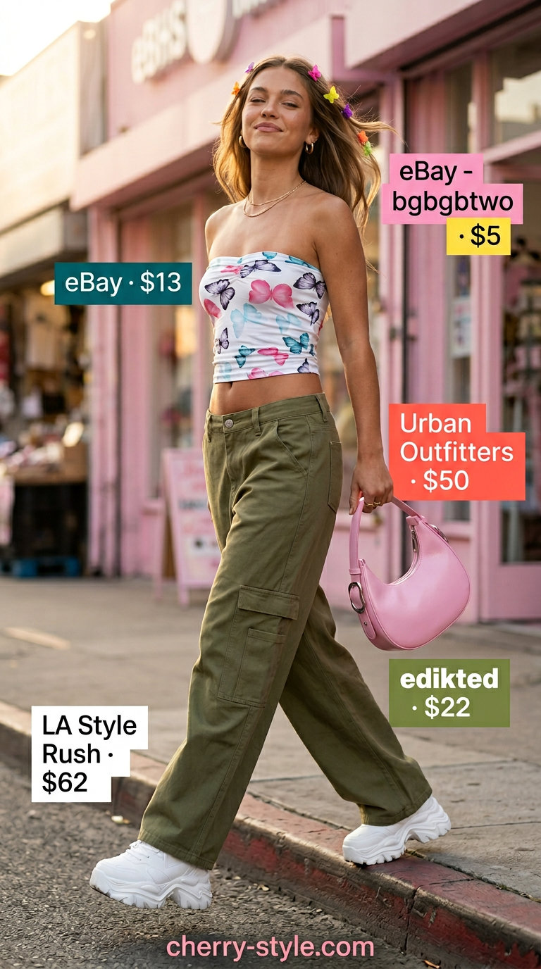 Butterfly Y2K summer outfits for women 2026: Olive green cargo pants, butterfly tube top, and platform sneakers.