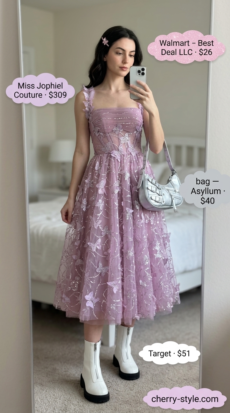 Butterfly Y2K summer outfits for women 2026: Pink butterfly print midi dress, chunky white boots, and slouchy silver bag.