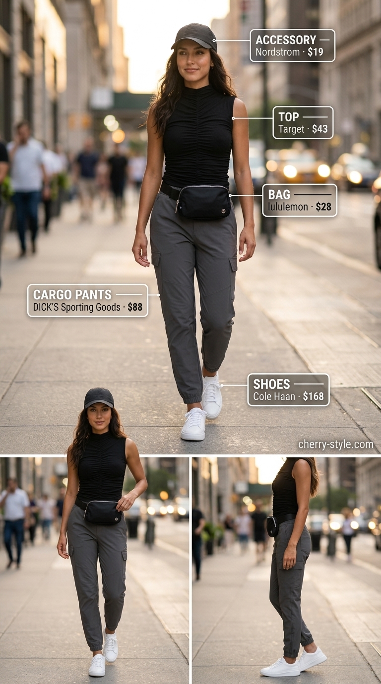 Cargo summer streetwear for women 2026: Charcoal grey cargo joggers, black mock-neck top, and white athletic sneakers.