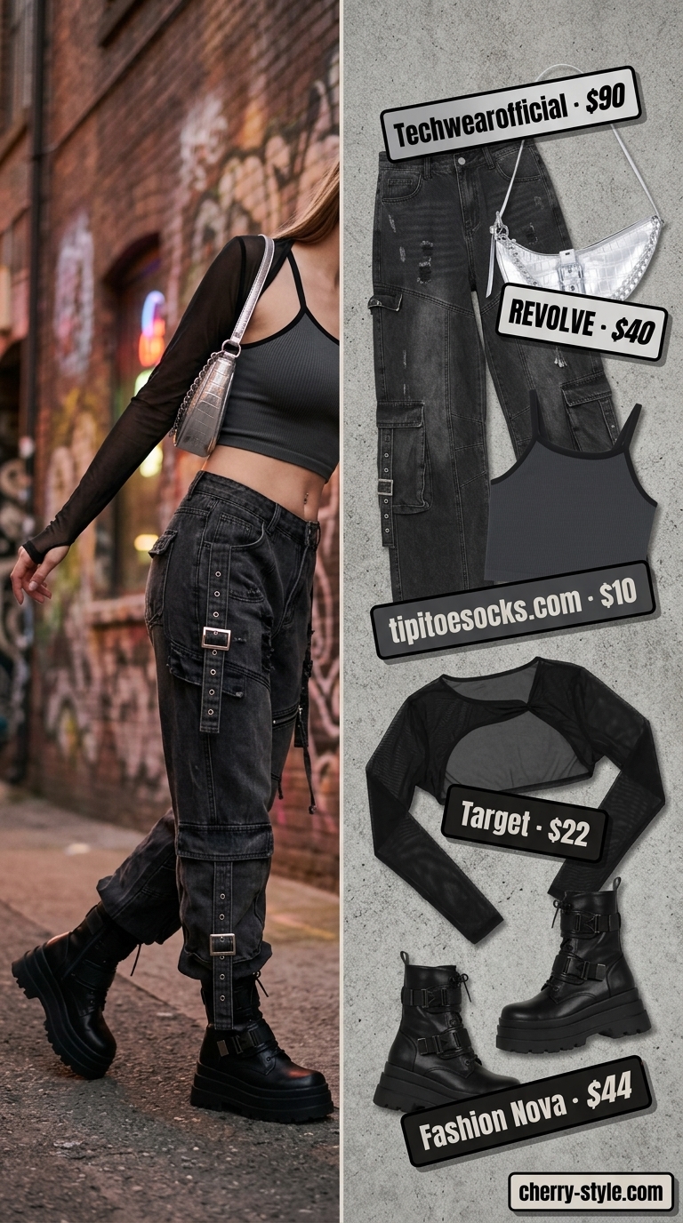 Washed black cargo pants, sheer black top, and combat boots for edgy cargo summer streetwear for women 2026.