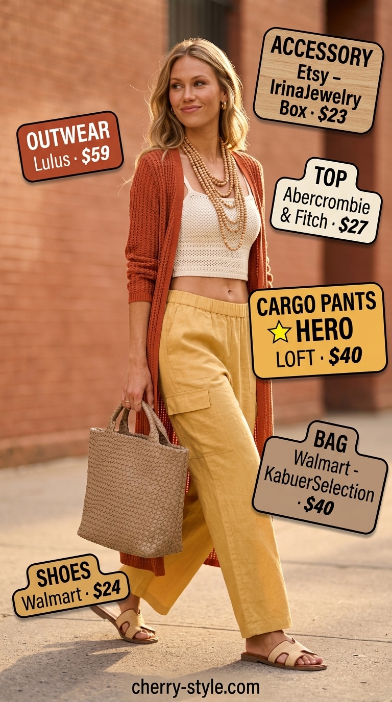 Earthy brown cargo pants, cream crochet bralette, and rust cardigan for relaxed cargo summer streetwear for women 2026.