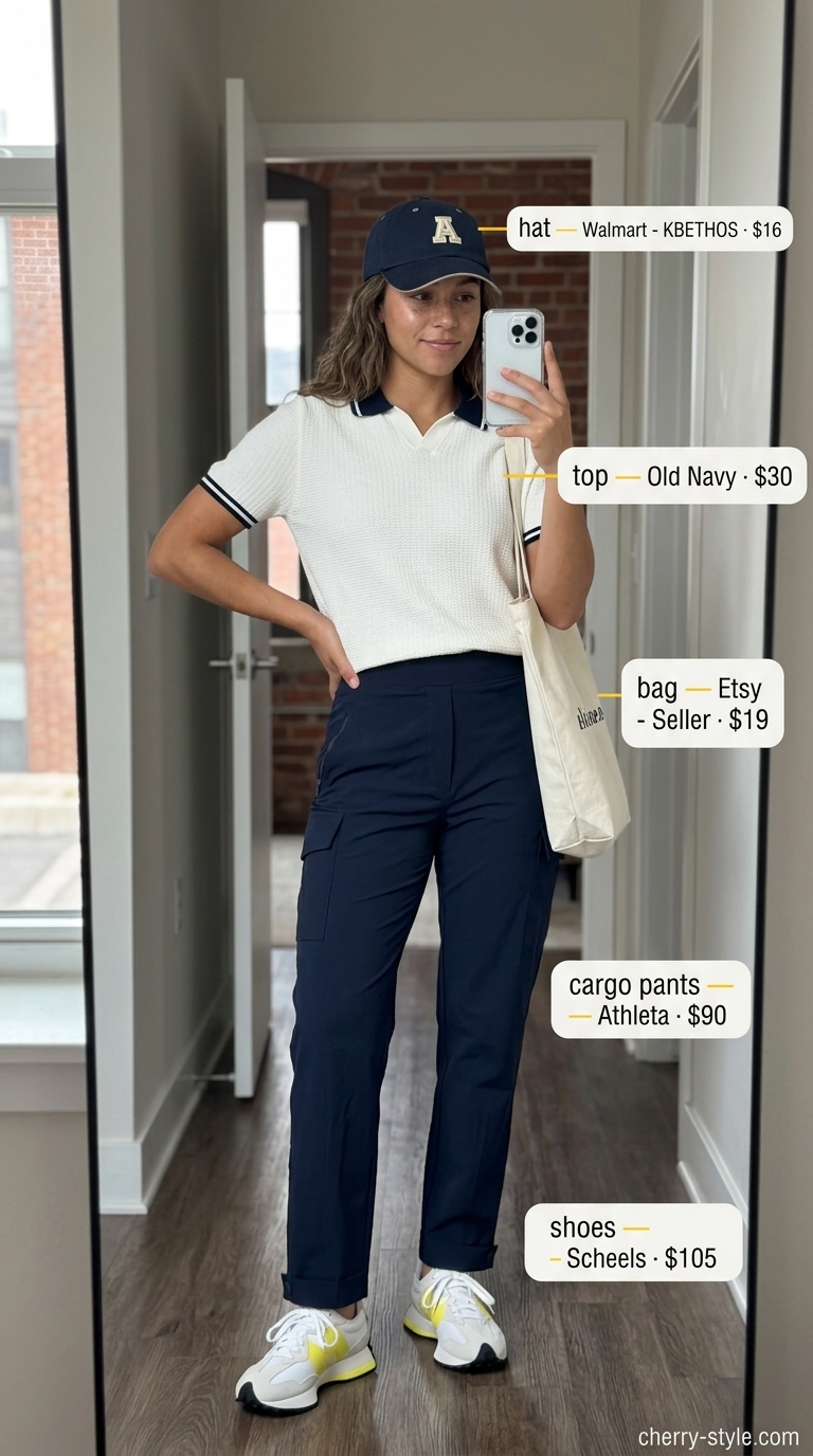 Cargo summer streetwear for women 2026: Navy blue cargo pants, striped polo shirt, and retro sneakers for a collegiate look.