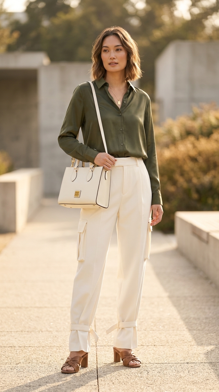 Cargo summer streetwear for women 2026: Cream tailored cargo pants, beige silk shirt, heeled mules, gold necklace.