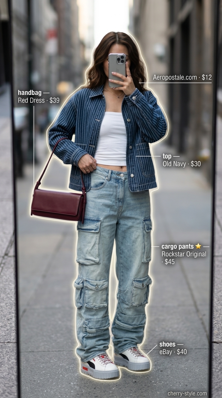 Cargo summer streetwear for women 2026: Baggy denim cargo pants, white tube top, striped platform sneakers, denim jacket.