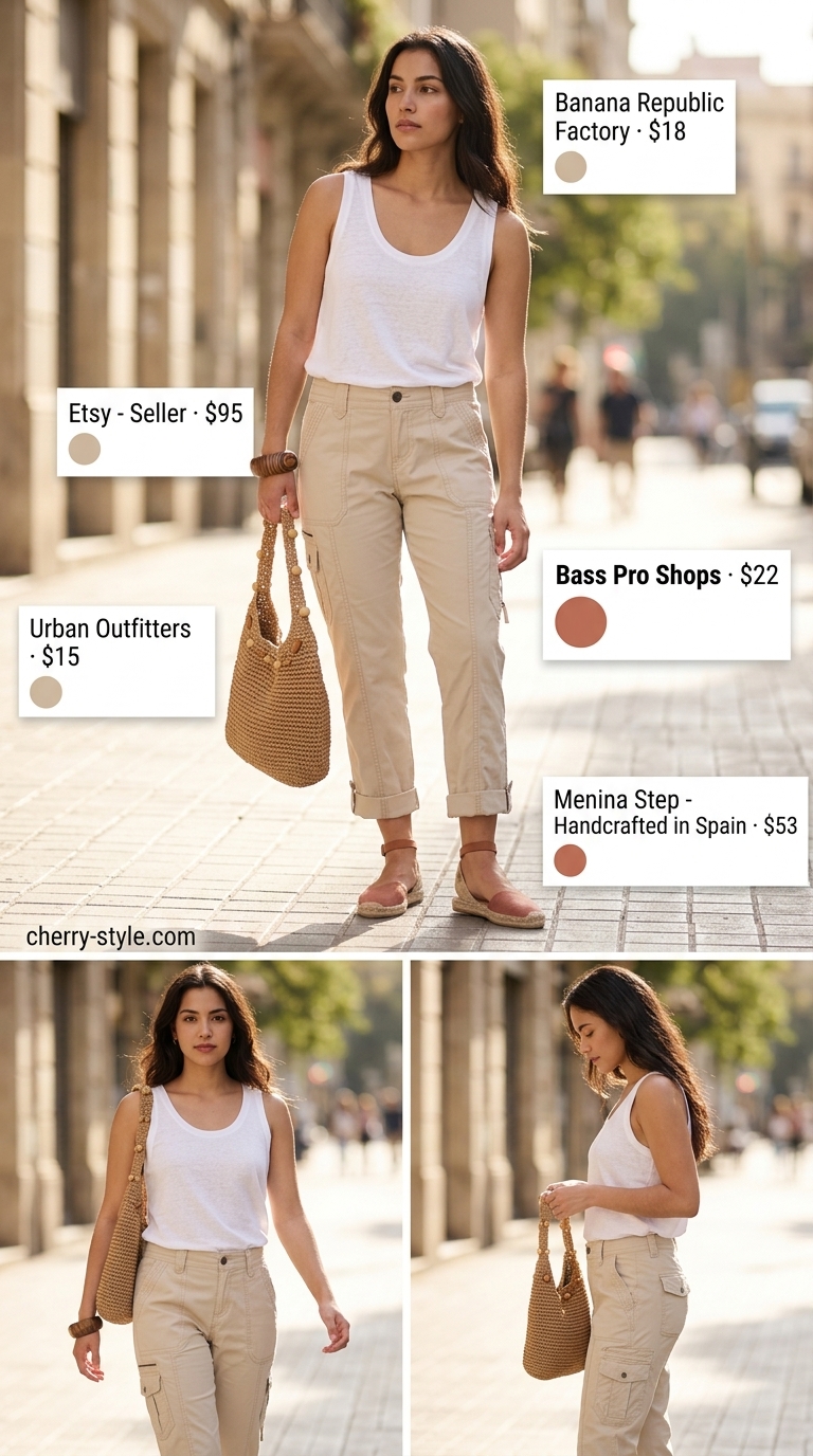 Cargo summer streetwear for women 2026: Sandstone cropped cargo pants, cream linen tank, and woven straw bag for a festival.