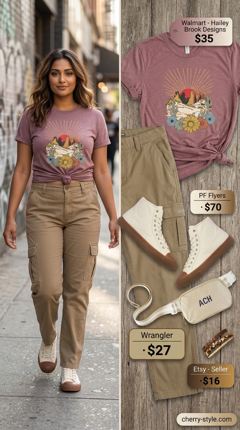 Cargo summer streetwear for women 2026: Khaki ripstop cargo pants, graphic tee, and canvas belt bag for a casual adventure.