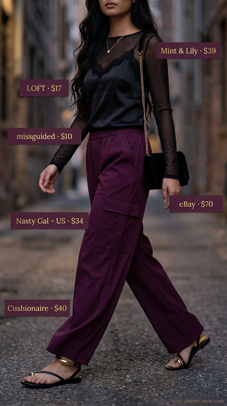 Cargo summer streetwear for women 2026: Deep plum wide-leg cargo pants, black camisole, and sheer mesh top for a night out.