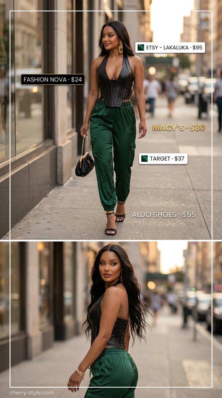 Cargo summer streetwear for women 2026: Emerald green satin cargo pants, black corset top, gold earrings, heeled sandals.