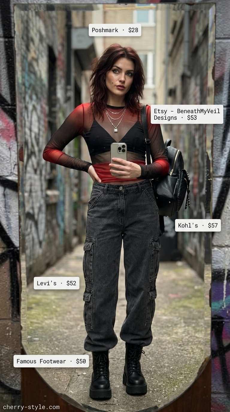 Cargo summer streetwear for women 2026: Edgy dark wash denim cargo pants, graphic mesh top, combat boots for a concert.