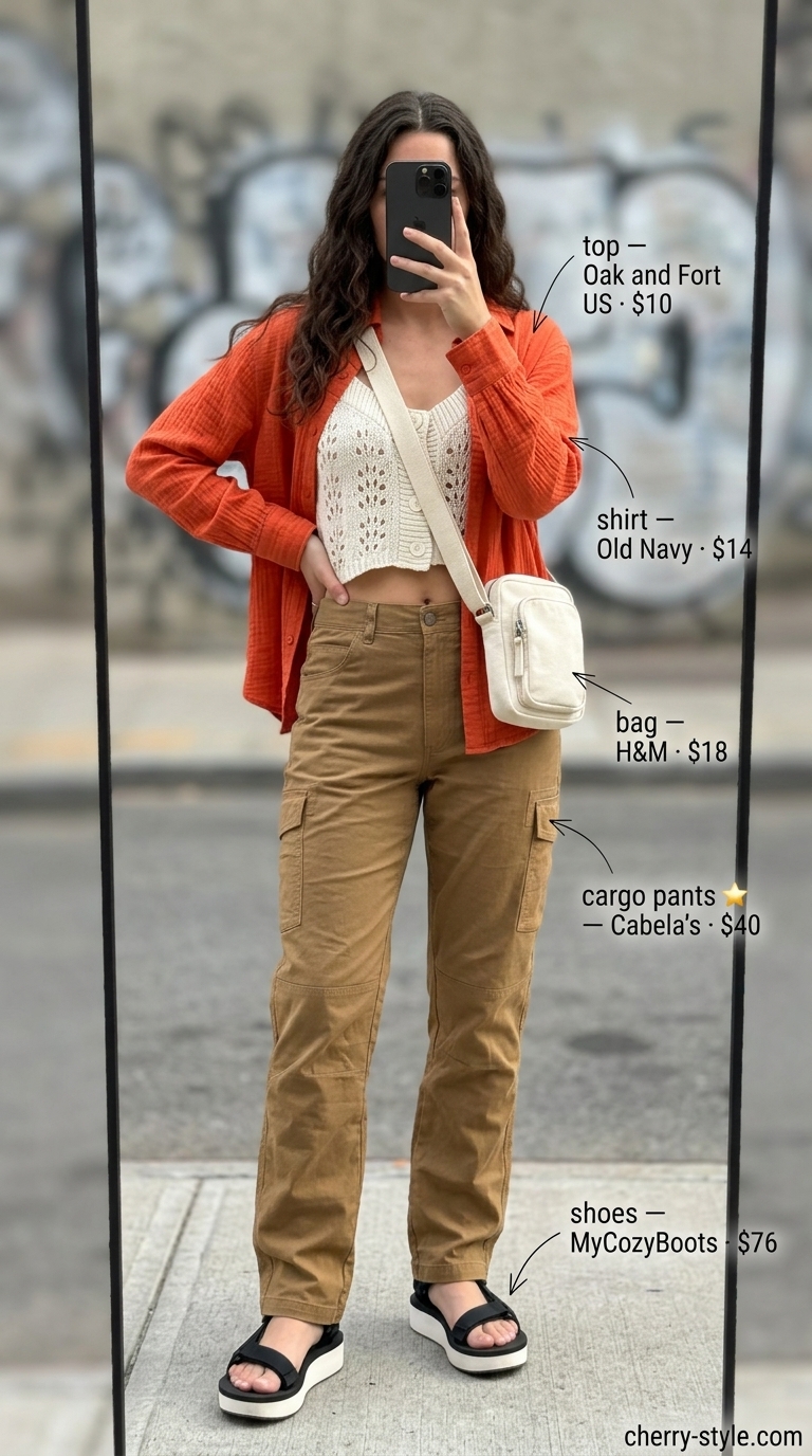 Cargo summer streetwear for women 2026: Khaki ripstop cargo pants, burnt orange shirt, cream tank, hiking sandals.