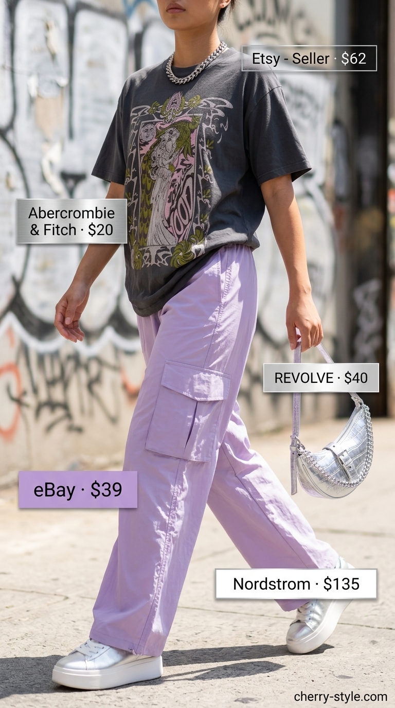Lavender parachute cargo pants, oversized graphic tee, and platform sneakers for soft cargo summer streetwear for women 2026.