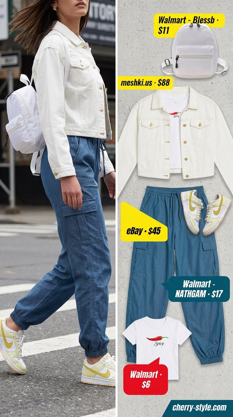 Cargo summer streetwear for women 2026: Light blue parachute cargo pants, white baby tee, neon yellow sneakers, white denim jacket.