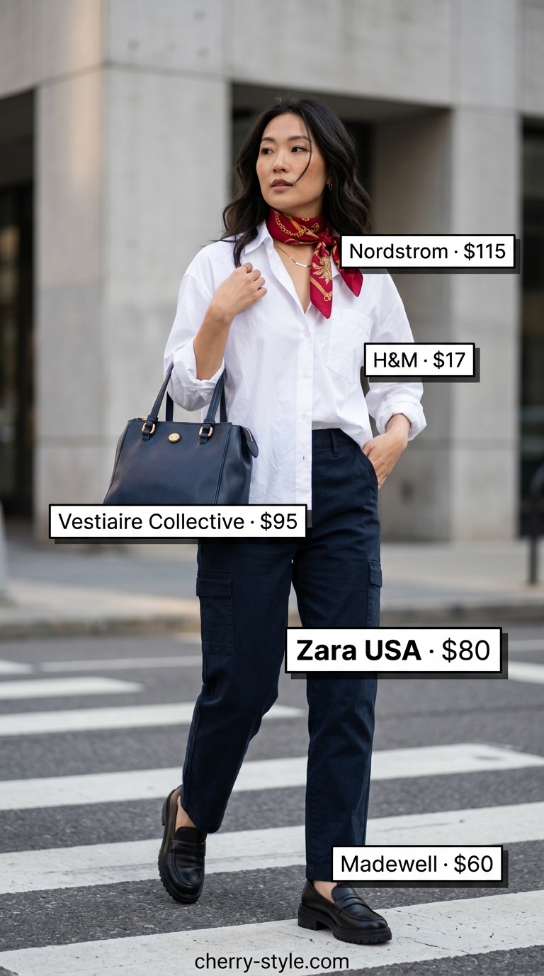 Cargo summer streetwear for women 2026: Navy tailored cargo pants, white oversized shirt, red bandana, black loafers.