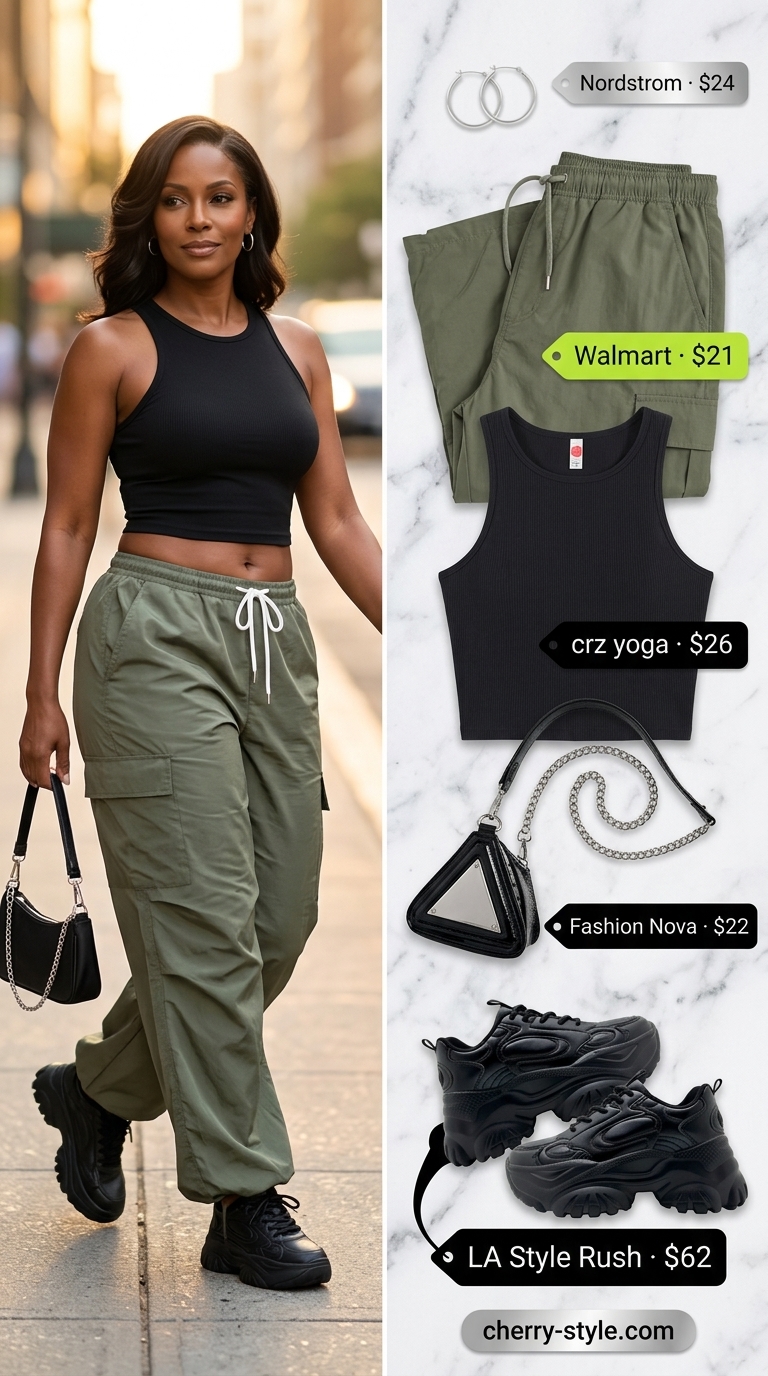 Cargo summer streetwear for women 2026: Vibrant lime green parachute cargo pants with black crop top and platform sneakers.