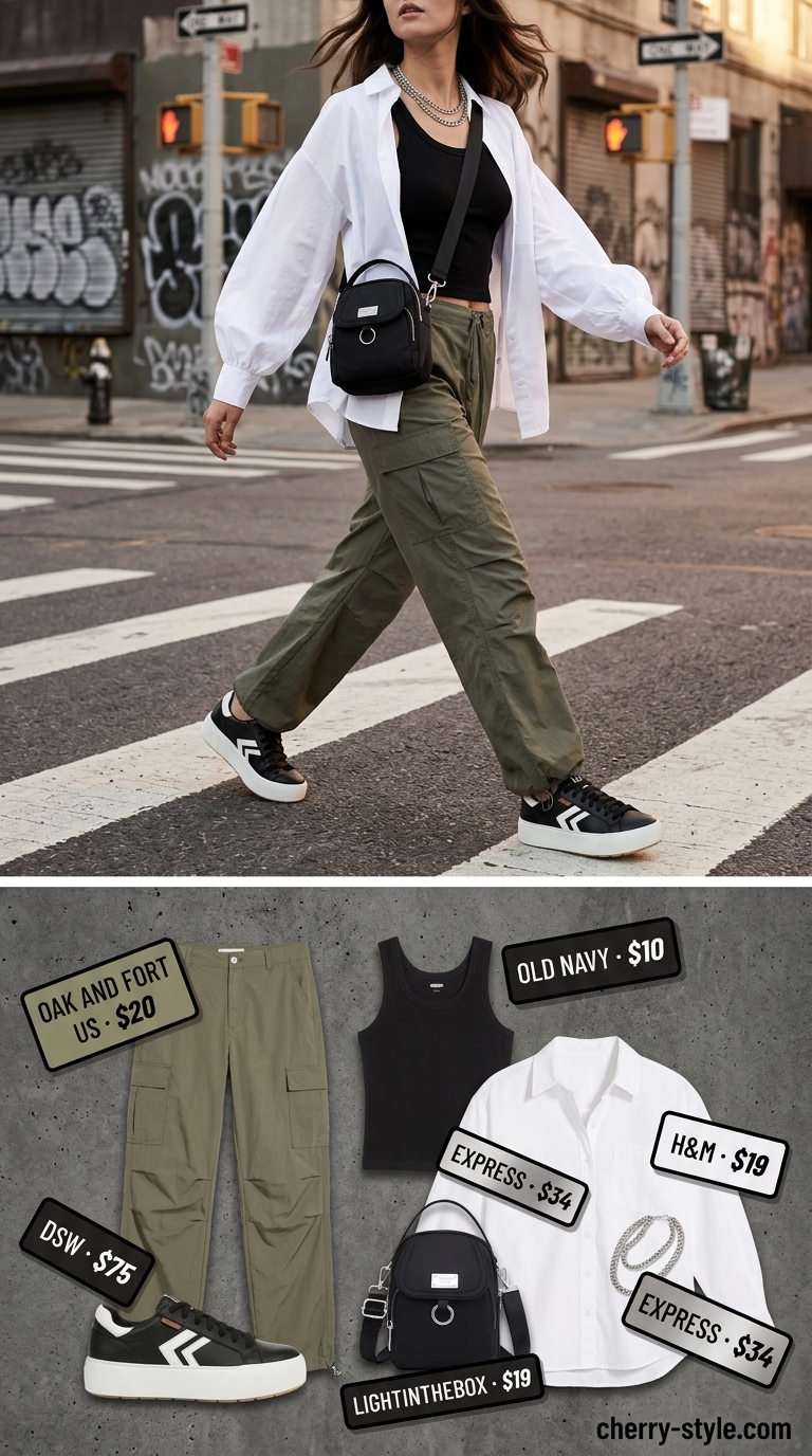 Olive green cargo pants, white oversized shirt, and black sneakers for edgy cargo summer streetwear for women 2026.