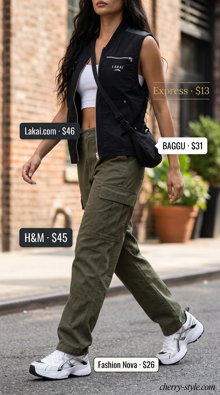 Olive green cargo pants, white crop tank, and utility vest for practical cargo summer streetwear for women 2026.