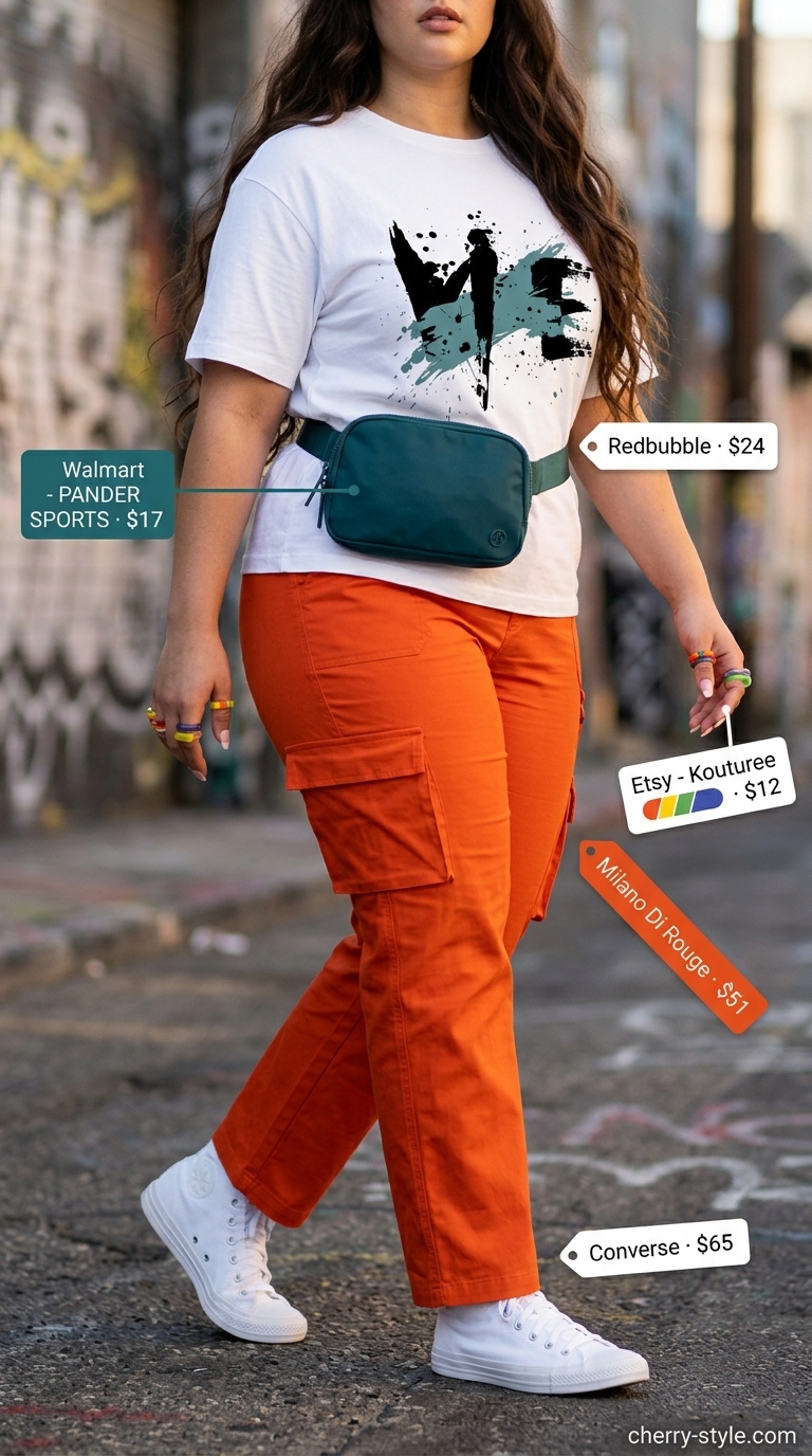 Bright orange cargo pants, white graphic tee, and teal belt bag for vibrant cargo summer streetwear for women 2026.