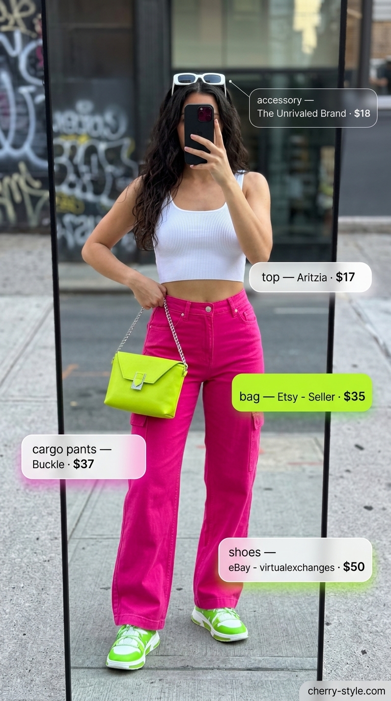 Hot pink cargo pants, white crop top, and neon green sneakers for energetic cargo summer streetwear for women 2026.