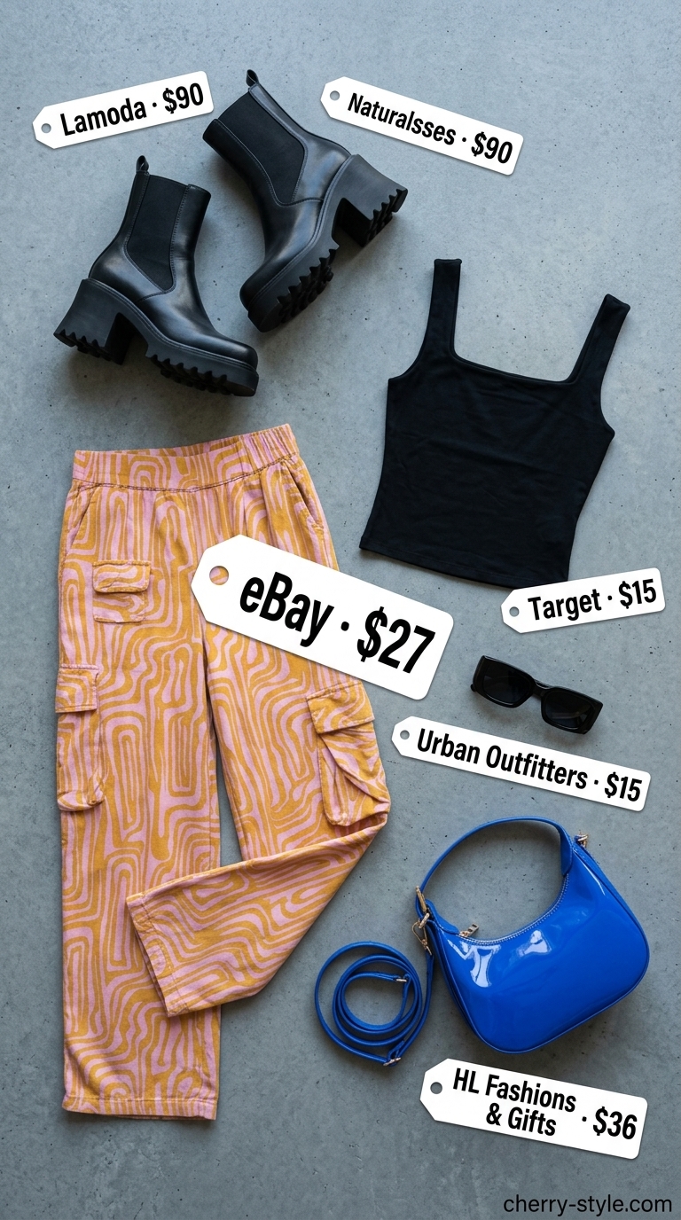 Cargo summer streetwear for women 2026: Printed wide-leg cargo pants, black top, platform boots, mini top-handle bag.